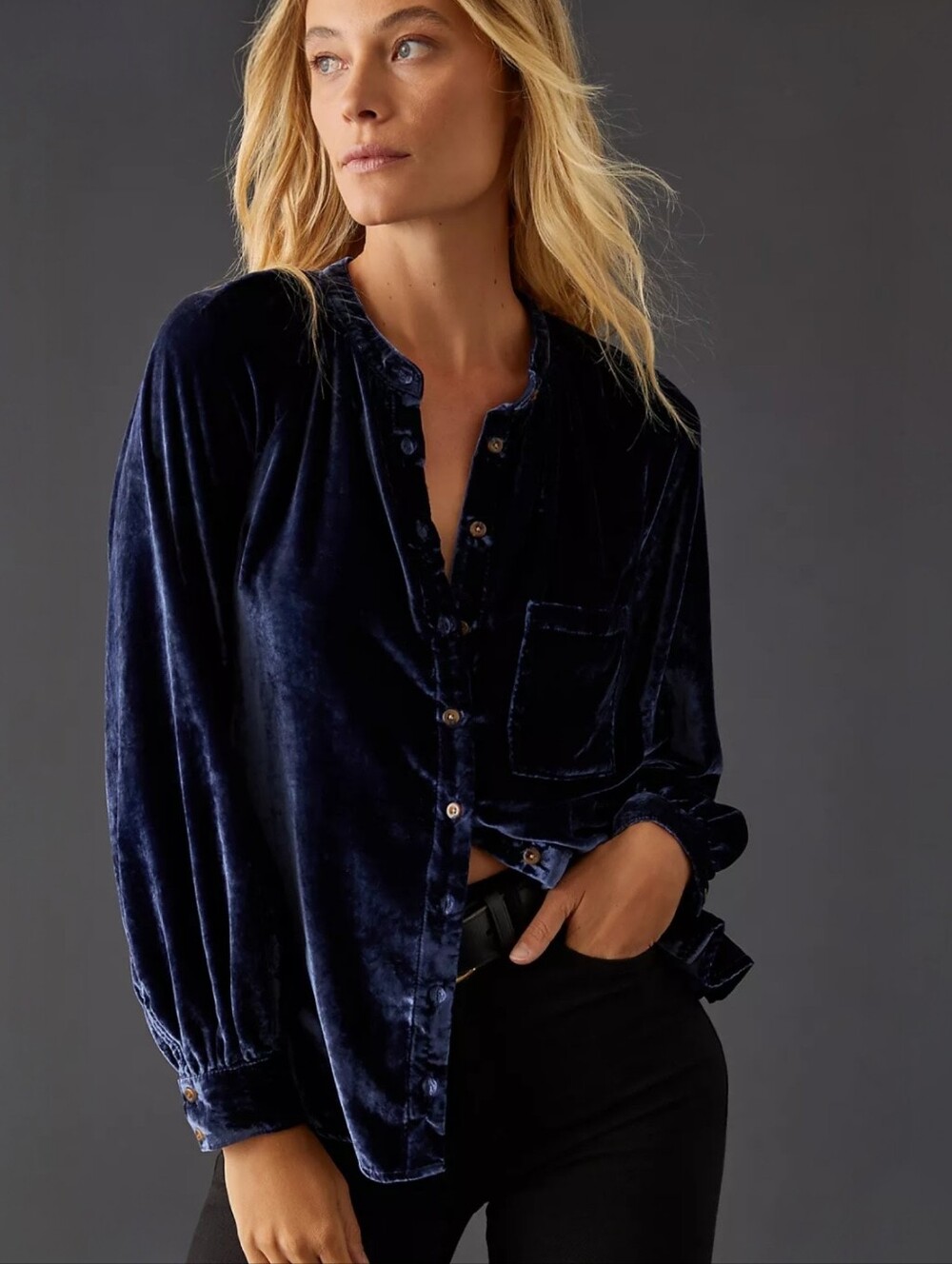 Anthropologie Pilcro Femme Velvet Long-Sleeve Button-Up Blue Women's Small Retro